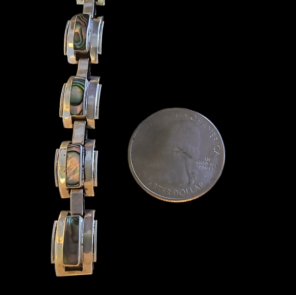 Vintage Taxco Signed Sterling Silver & Abalone Link Bracelet Size 6 1/2 - Picture 6 of 10